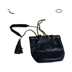 Tory Burch Black Leather Flemimg Quilt Convertable Chain Strap Bucket Bag
